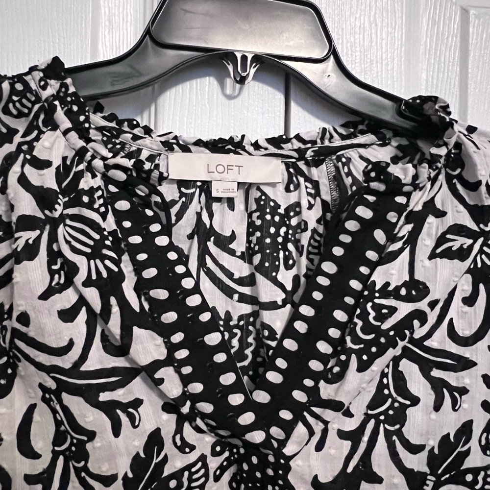 LOFT - Black and White Boho Blouse, Size Small - Picture 3 of 7
